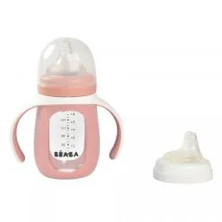 Beaba 2-in-1 Glazen Meegroeifles Met Silicone Sleeve (210 Ml) Old Pink
